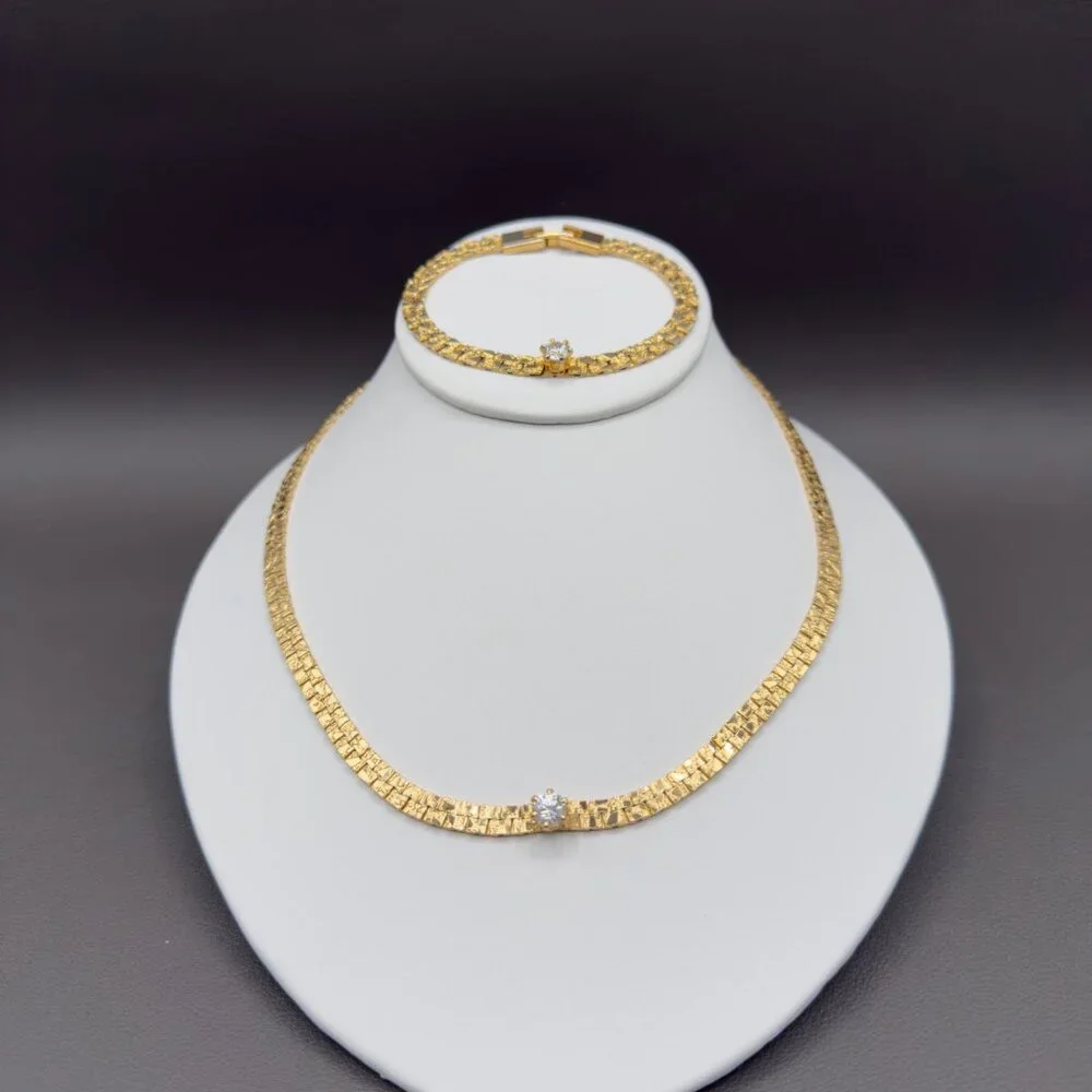 Vintage Gold Tone Textured Nugget Link Necklace Bracelet Set Crystal Accent - Picture 6 of 12